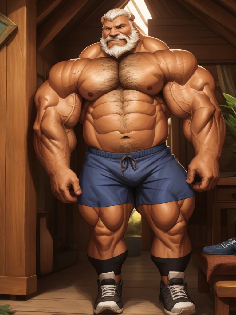 a potrait, half body, semirelistic:1.2, massive muscle, masterpiece, detailed face, muscular old man in front house, old man, bearded. white hair and beard, bearded, ((muscular, pectoral, wide pectoral, huge pectoral, thick arm, huge arm)), realistic, 8k, masterpiece, (wearing shorts and shirtless:1.3, topless, shoes), smile, brown bear