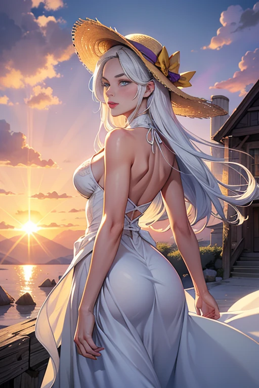 1 girl, work of art, extremely detaild, (beautiful detailed glowing), Lens flare, White hair, shorth hair, floating hair, looking back, back to back, ssmile, blue colored eyes, white gown, medium breasts, trunk, wide plan, straw hat, ((Salar de house)), rise sun, clouds, backlight, purple sky, yellow sky, gradient sky, hands in hat