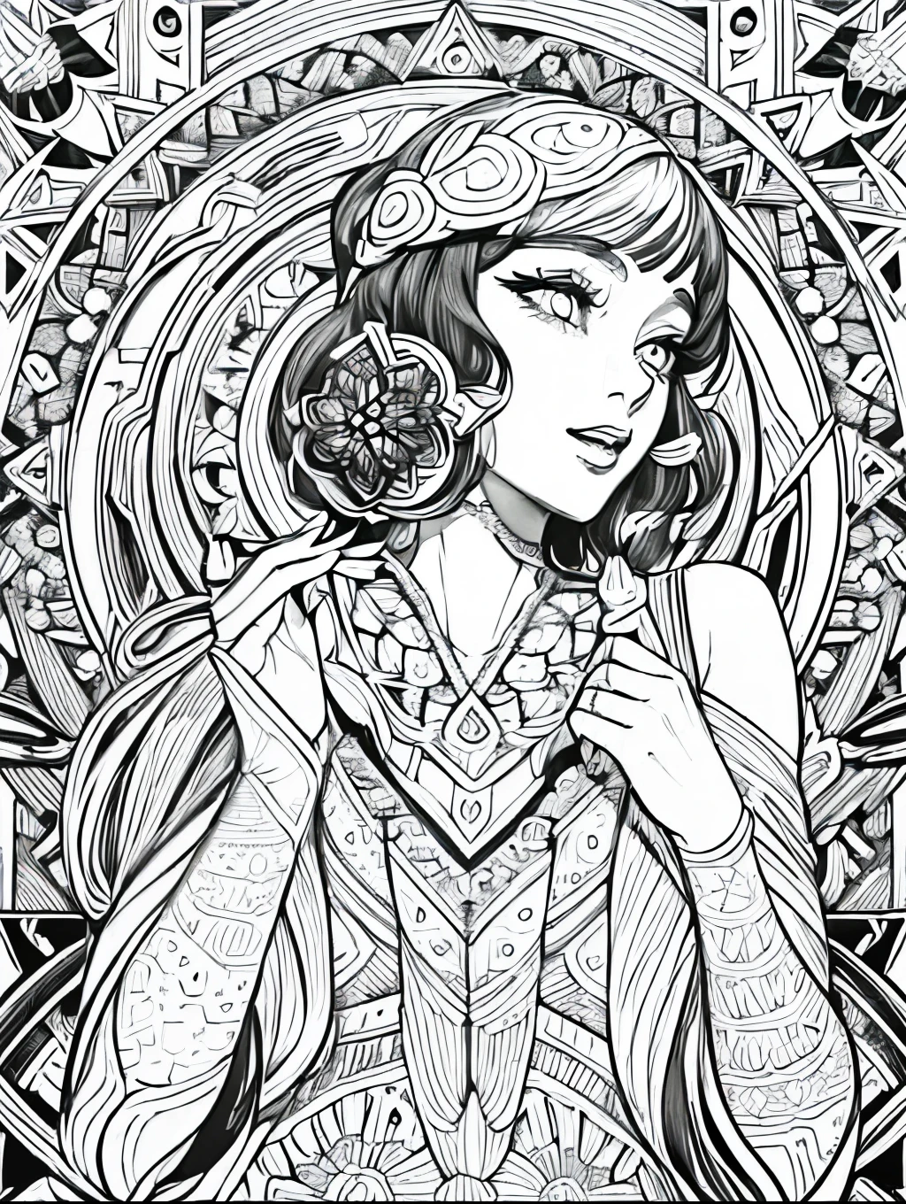 (Black and white coloring book:1.5), line drawings, masterpiece, best quality, ultra-detailed, high resolution, Very detailed face, (Eyes clear and distinct lines), Hair is white color, Full body shot, Woman in a dress featuring geometric patterns in the Art Deco style, Hyper detailed crisp black line draw, ((simple white color))