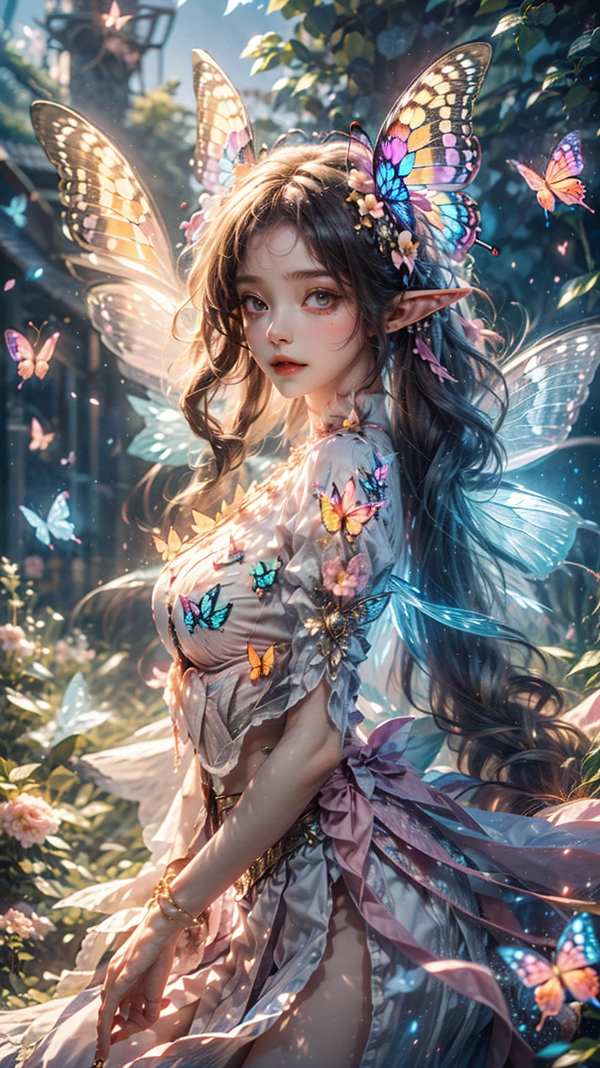 1 girl,Butterflies in the head, antennae, Blurry, Blurry background, chestnut hair, borboleta, butterfly hair ornament, butterfly on hand, borboleta wings, neckleace, faerie, faerie wings, flowers, Flight, (sheening borboleta:1.3), (sheening wings:1.3),hair ornament,insect wings, lips, long hair, medium breasts, motion-blur, multicolored wings, naturey, pink wings, pointy ears, purple wings, standing alone, transparent wings, white butterfly, white wings, wings, yellow butterfly, yellow wings,Elf from Aurora,dawn,sheen,Glowing wings,don,multiple butterflies,glowing butterfly,Super large wings, 1 girl, eluosi