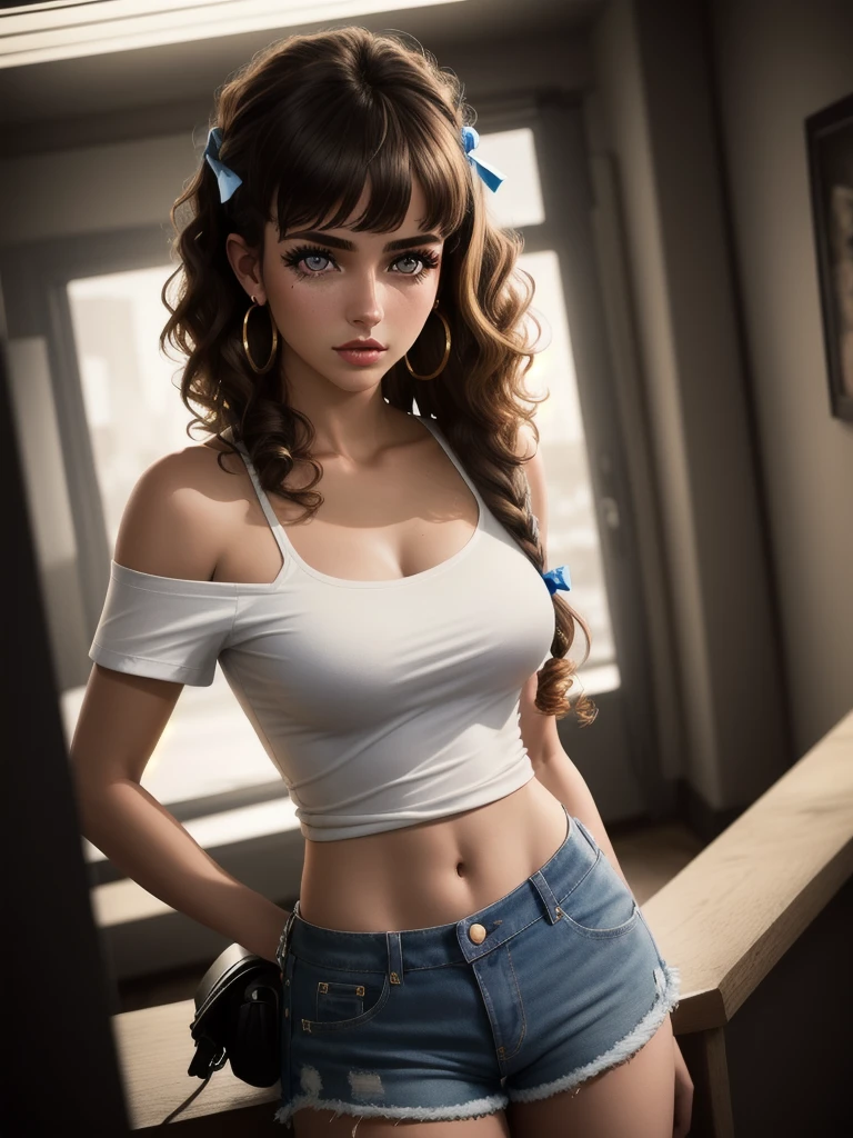 (8ก, Highest quality: 1.2), Extremely detailed, thorough resolution, (realistic, realistic photo: 1.37), Portrait, high definition RAW color photograph, professionally arrested, high definition and beautiful, high definition, 8ก Image wallpaper, Amazing details, Big file size, highly detailed beautiful girl, Extremely detailed face, (Finely defined super beautiful eyes:1.8), The nose has a precise shape., expressive lips,(sunrise,real down town background:1.2) , one story, cute girl, realistic、                                                                                 (Cinematic scene,Fantasy Art,Best Quality,High quality,High Definition,high quality texture,high detailing,Beautiful detailed,fine detailed,extremely details CG,Detailed texture,realistic representation of face,masutepiece,presence,Dynamic,Bold),1gir,Ultra detailed skin,Curve,Beautiful breasts,(small breasts:1.6),pale skin,(Ultra Thin hair),(Ultra Soft hair),(ultra straight hair),Swept long bangs,very light coppery amber hair,Hair over one eye,very skinny body,smart abs,(crop top ,micro shorts:1.5),(smile:1.4),