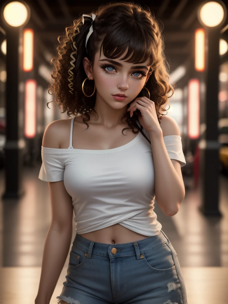 illustration, style of Philip Lorca diCorcia, cinematic film still portrait of young girl aged 18 yrs old, 1girl, solo, Instagram model, athletic figure, pretty face, wearing an off the shoulder white T-shirt, wearing jean shorts, light brown hair, short curly hair, crossed bangs, constricted pupils, hair ribbon, hoop earrings, cinematic lighting, Ultra-Wide Angle, Canon, Hyperrealism, UHD, masterpiece, textured skin, high details, best quality, detailed eyes, detailed iris, close up view full body photo