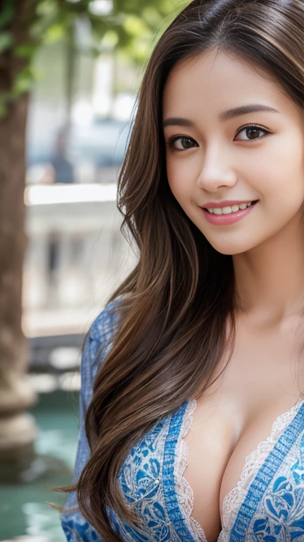 (masterpiece, Highest quality:1.1), (8k, RAW Photos, Photorealistic:1.2, f22), (Glowing Skin), Detailed skin, Detailed face, smilee,fine grain,Long Hair, break, Real World, (Very detailed, Cleavage), Intricate details, smile, One Girl, (shirt)、 (Overseas tourist attractions:1.4)