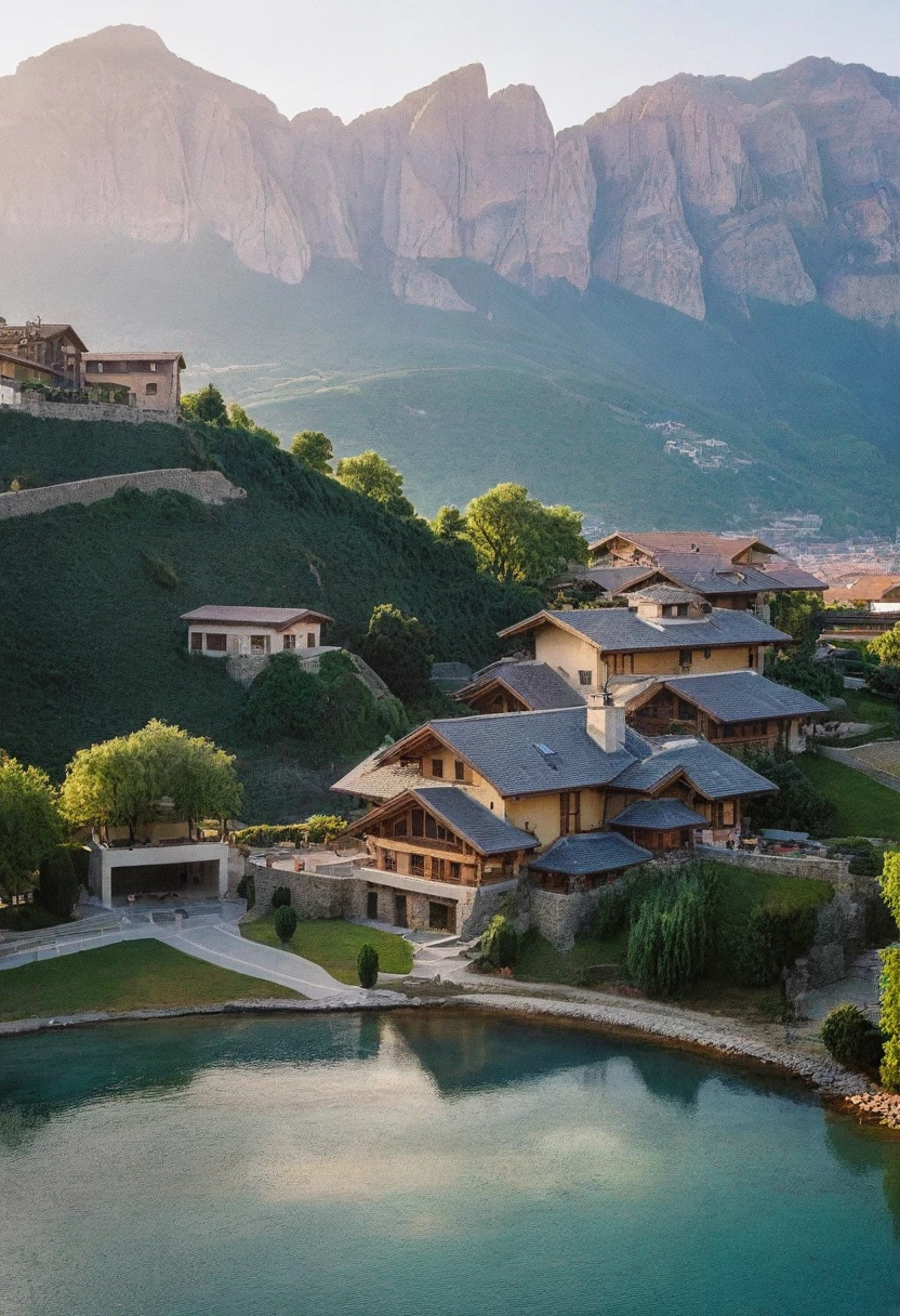 modern, the resort is on the hills ,squares, urban landscape, cars, people, streets, reality, RAW photo, (high detailed skin:1.3), 8k uhd, dslr, soft lighting, ultra quality, film grain, Fujifilm XT3, sharp image, best qualitym, authentic, high quality; outdoors, day, water, tree, no humans, traditional media, building, nature, scenery, rock, mountain, house, landscape