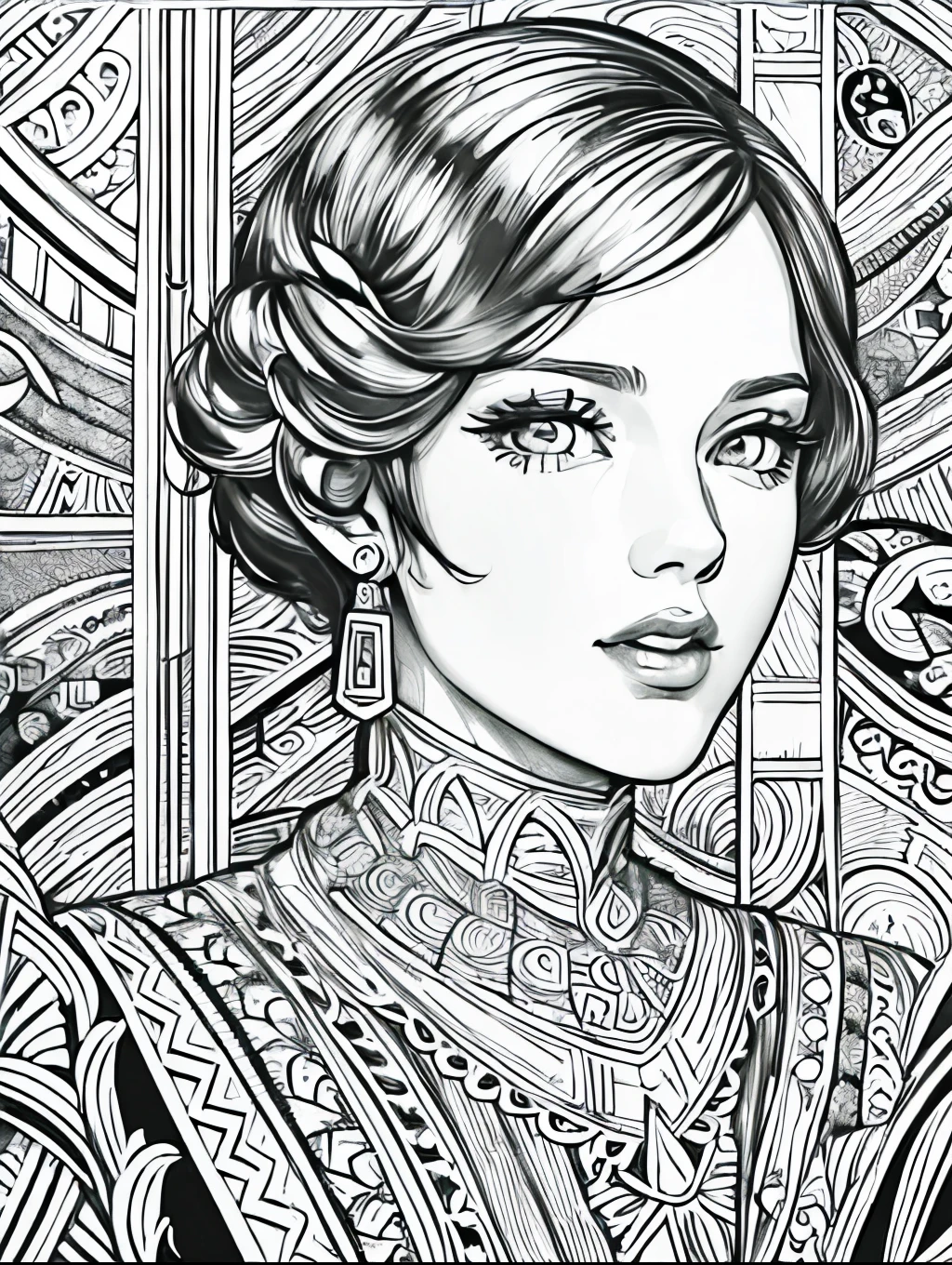 (Black and white coloring book:1.5), line drawings, masterpiece, best quality, ultra-detailed, high resolution, Very detailed face, (Eyes clear and distinct lines), Hair is white color, Full body shot, Woman in a dress featuring geometric patterns in the Art Deco style, Hyper detailed crisp black line draw, ((simple white color))