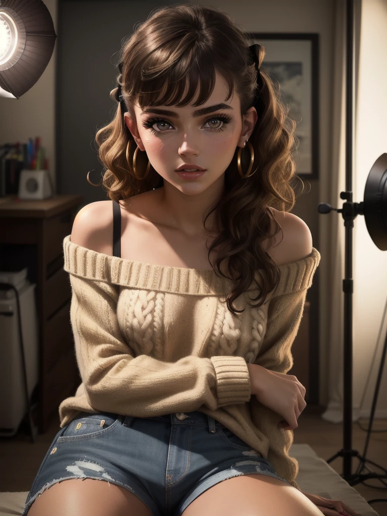 illustration, style of Philip Lorca diCorcia, cinematic film still portrait of young girl aged 18 yrs old, 1girl, solo, Instagram model, athletic figure, pretty face, wearing an off the shoulder brown sweater, wearing jean shorts, light brown hair, short curly hair, crossed bangs, constricted pupils, hair ribbon, hoop earrings, cinematic lighting, Ultra-Wide Angle, Canon, Hyperrealism, UHD, masterpiece, textured skin, high details, best quality, detailed eyes, detailed iris, close up view