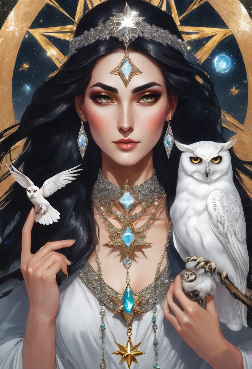 a beautiful woman and powerful witch, holding a shining star in her right hand and a white owl in her left hand, wearing a diamond-shaped crystal necklace, with a white 6-pointed star shining on her head.
