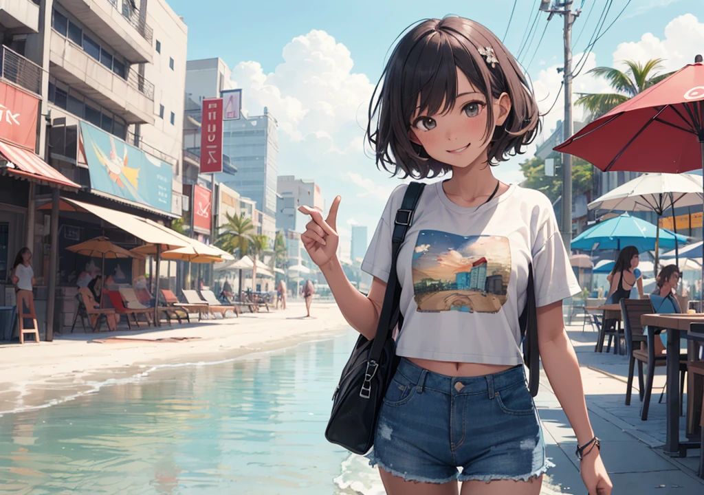 ((Highest quality)), ((masterpiece)), (detailed), One girl, Beach,smile,summer,Perfect Fingers,citypop,Hot pants on a t-shirt