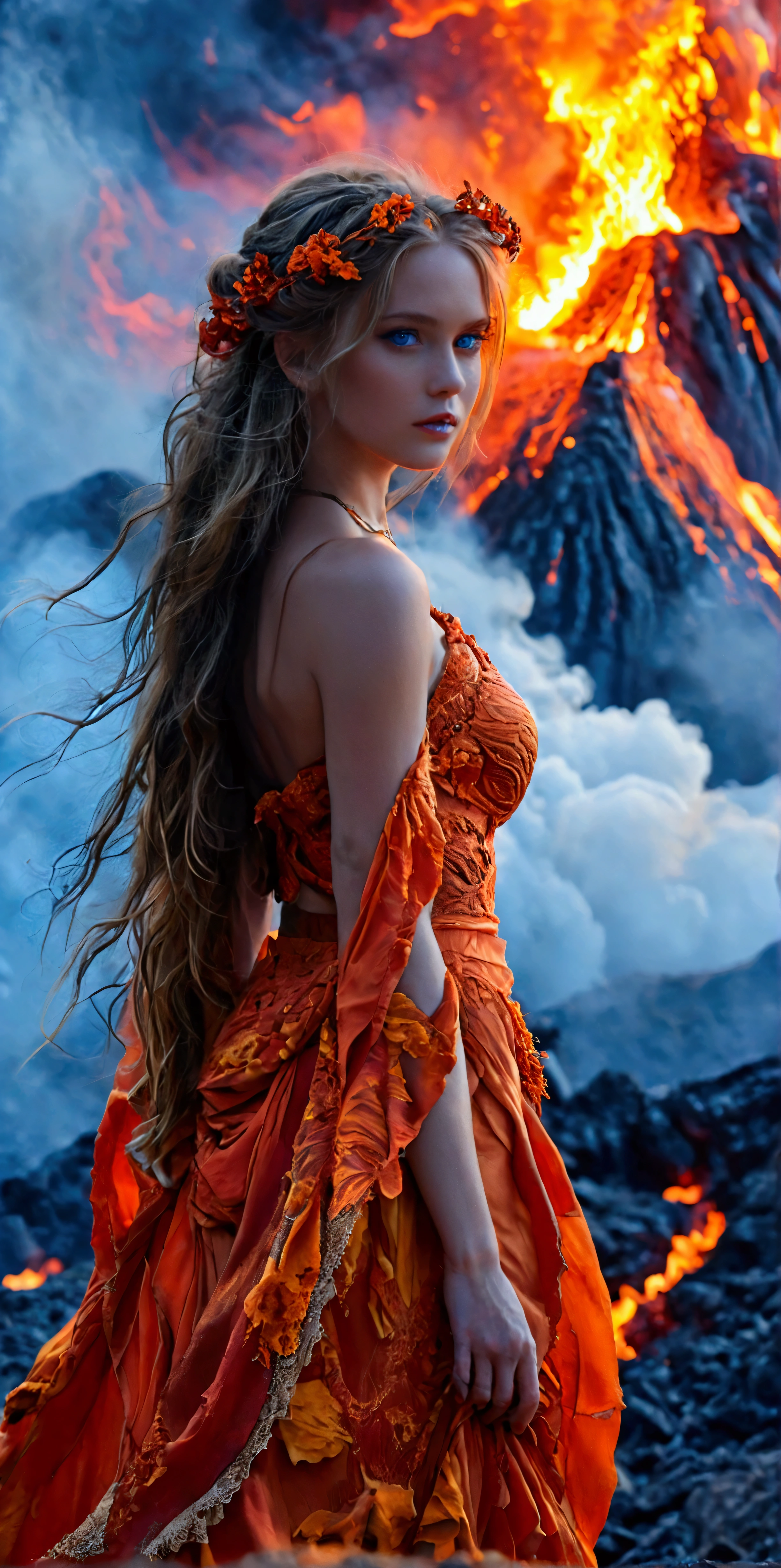 A dim volcano in the background，A long skirt made of magma，Beautiful goddess，Bright color pair,Beautiful blue eyes，((Look at the camera，Full body portrait))