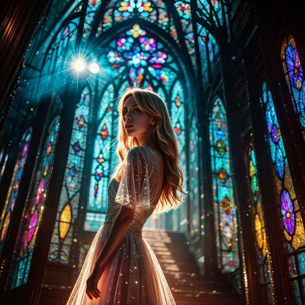  (Cathedral from below:1.28) (ZoomLayer) TopQuality 8K masterpiece of ((Professional photo)), (((Clarisse de Cagliostro))) (Detailed White WeddingDresses), Chain, (((Extremely detailed KAWAII face))) {((VeiledFace))|BlondeHair|(Elaborate BuleEyes)with(SparklingHighlights:1.28)}, The background is distant (((Elaborate stained glass))) Rainbow Glass, {(MysticSight)|EnchantingAtmosphere|Haze|(GodRays)|TyndallEffect}, Radiant PearlSkin with Transparency, (Exposed:0.39)