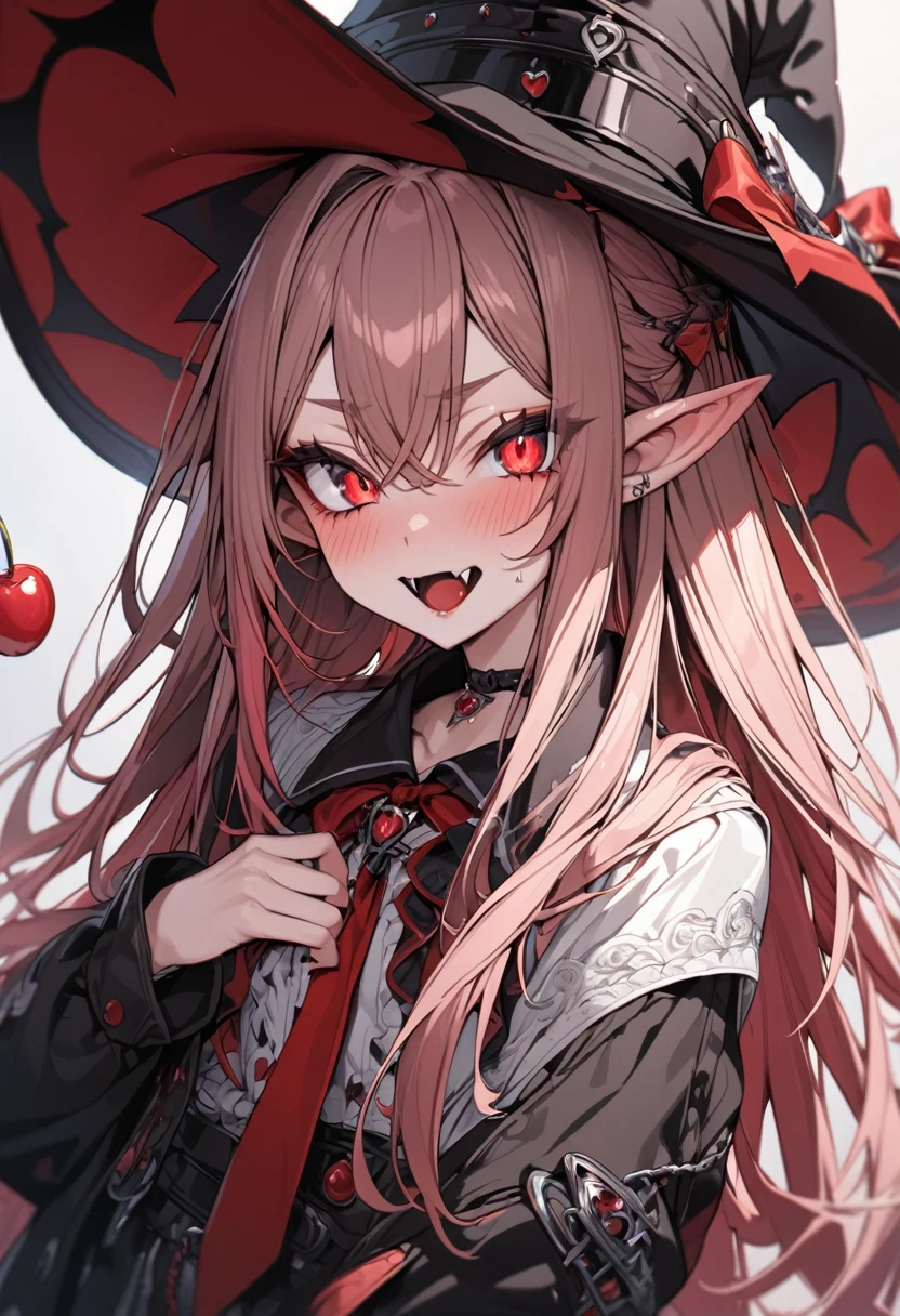 anime girl, long straight hair, cherry colored hair, Red eyes, Elf's ears, vampire fangs, witch hat, detailed eyes, ultra detailed, high quality, teenager,
