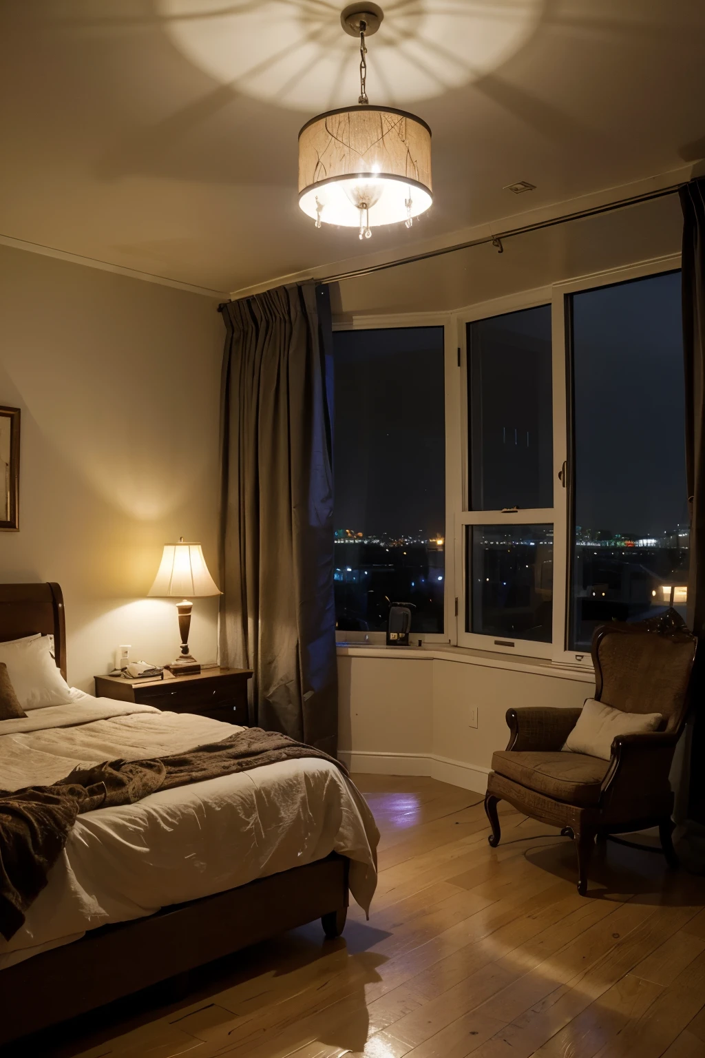 a luxurious bedroom with windows where it is raining outside and there is a beautiful bonfire inside, at night, there is an aesthetic lamp light,
