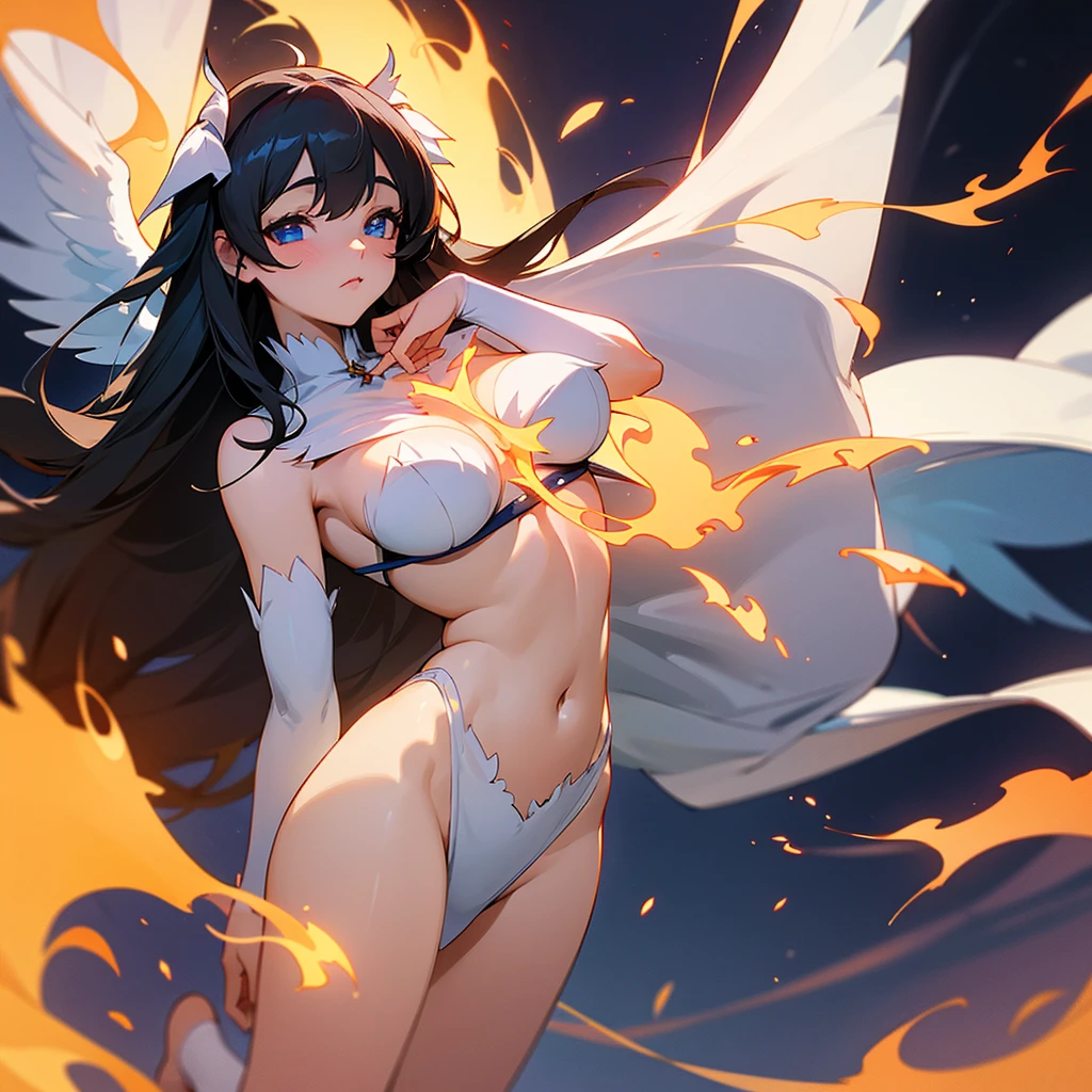 "The image of the young goddess Full-body Hestia, an angelic figure and deity of fire, exudes beauty and allure. She has a captivating face with eyes that blaze like fire and a highly seductive, enchanting figure.
Hestia is adorned in a sheer, white, ancient Greek garment that is both alluring and revealing, wearing only the upper part and leaving her slim, well-shaped stomach bare. Her garment clearly exposes her large chest and stomach, allowing her graceful and seductive contours to be clear