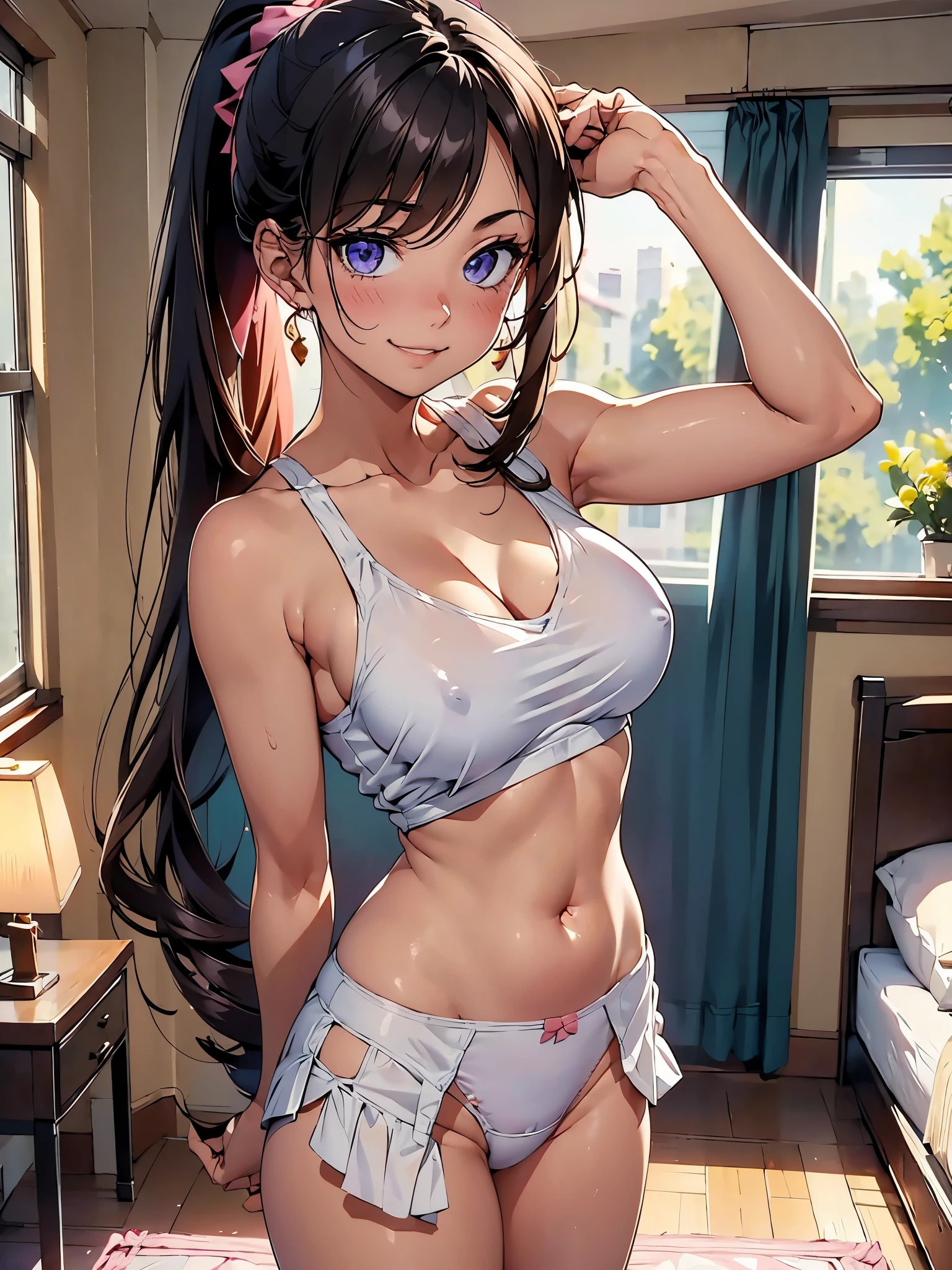 1girl, solo, beautiful girl, brunette skin, purple eyes, detailed anime style, perfect anatomy, perfect hands, narrow waist, large breasts, long hair, brown hair, high ponytail, asymmetrical bangs, blue eyes, detailed eyes, blush, emerald earrings, white shirt, shirt lift, pink panties, cleavage, navel, midriff, bare arms, bare shoulders, smile, standing, perfect hands, arm up, indoors, bed, desk, bedroom, night, night time, dim light, window, stuffed animals, high quality, dark background, lights off, leaning forward, daring pose, naughty face,