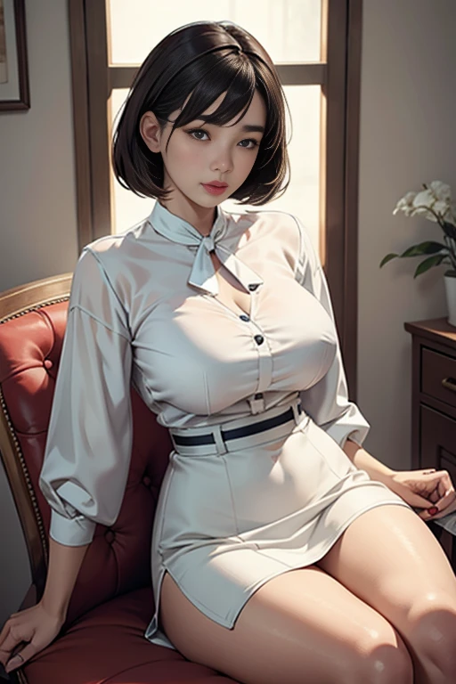 Close-up of a woman in a white blouse sitting on a chair, beautiful young korean girl, white clothes are very transparent, breasts and can be seen