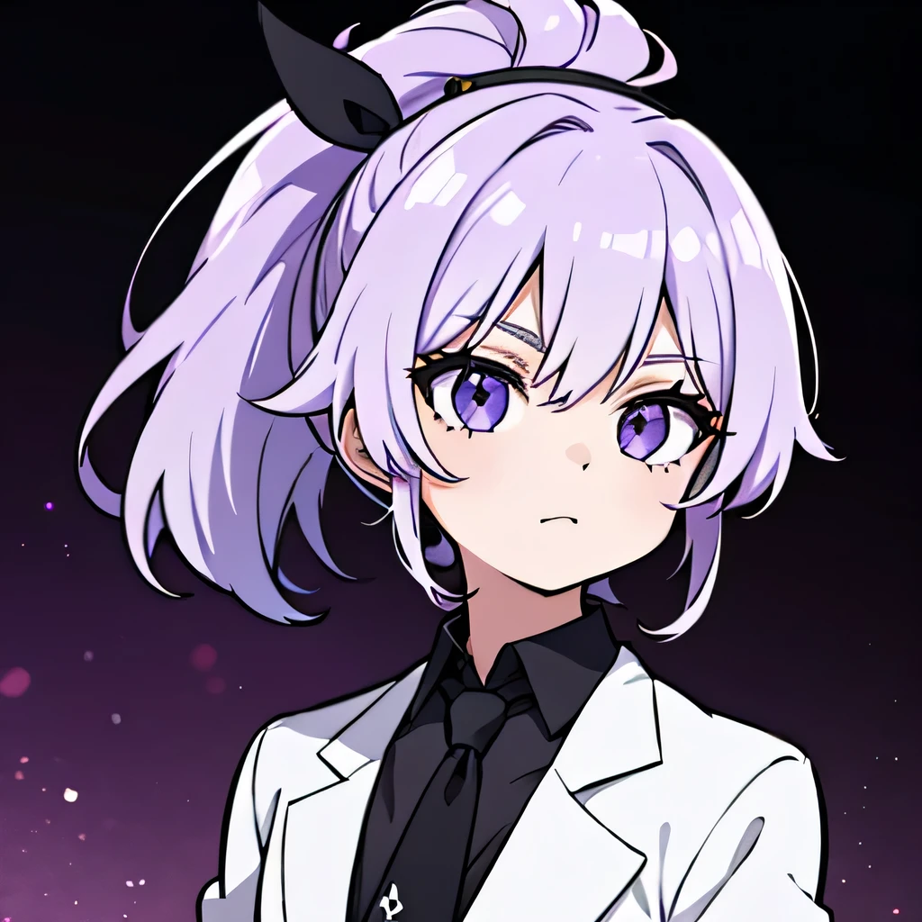 cheveux violets, style à le personnage Crunchyroll, avec fond blanc, habillé en costume noir et cravate noir