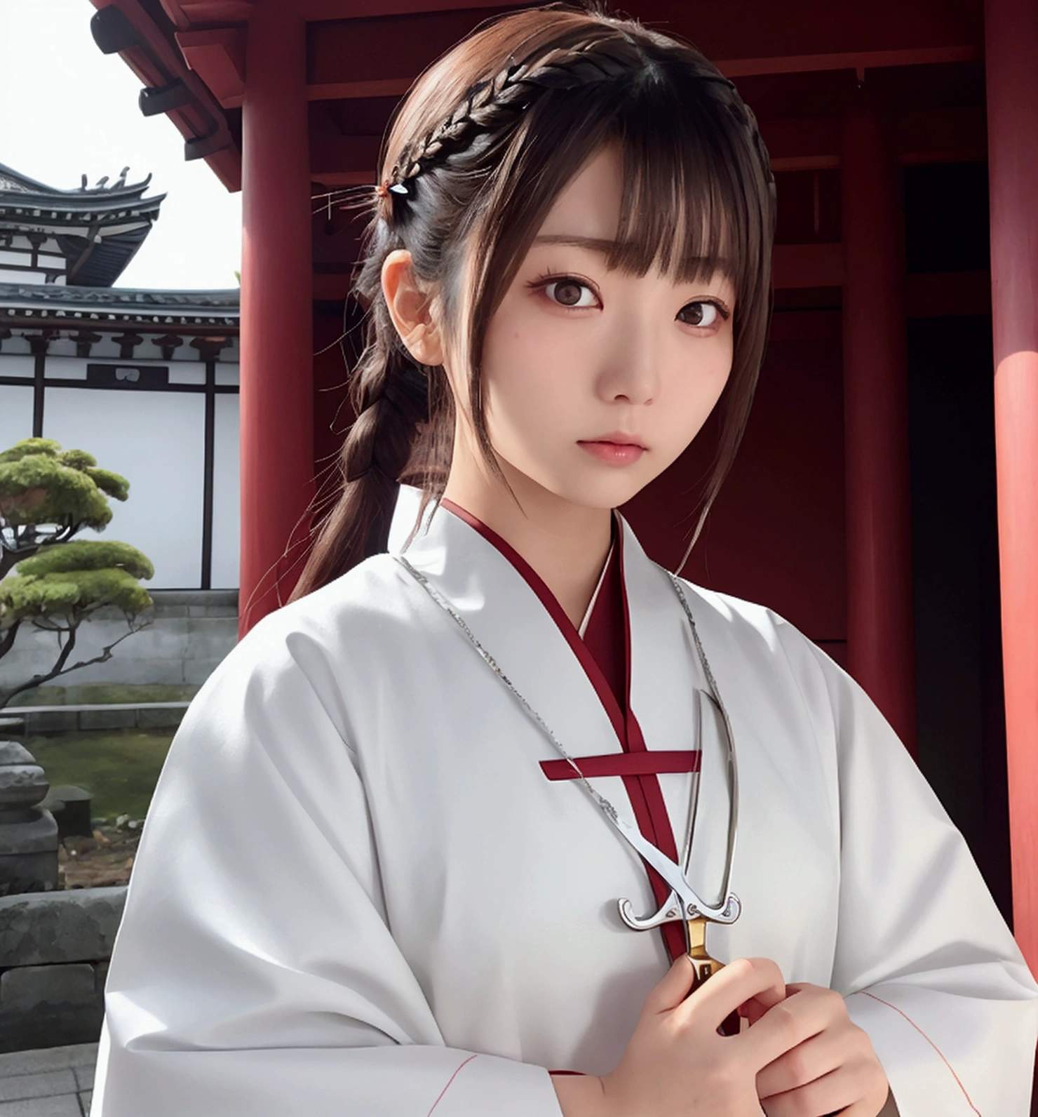 Japanese female priest、The costume is mainly white with red lines running down the shoulders.、Sideways、Holding a pair of silver sewing scissors、Gold hair ornament on the back of the head、Dark brown hair、Straight Long Hair、In the temple grounds、Upper body close-up