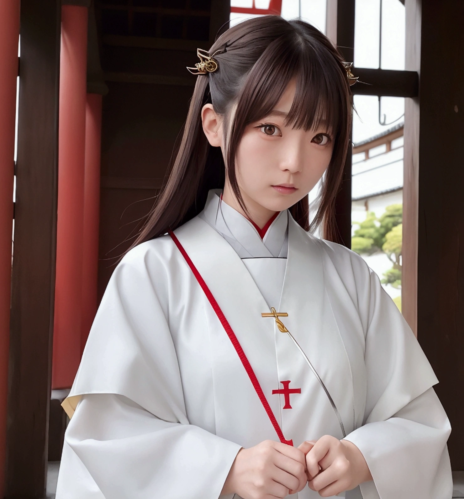 Japanese female priest、The costume is mainly white with red lines running down the shoulders.、Sideways、Holding a pair of silver sewing scissors、Gold hair ornament on the back of the head、Dark brown hair、Straight Long Hair、In the temple grounds、Upper body close-up