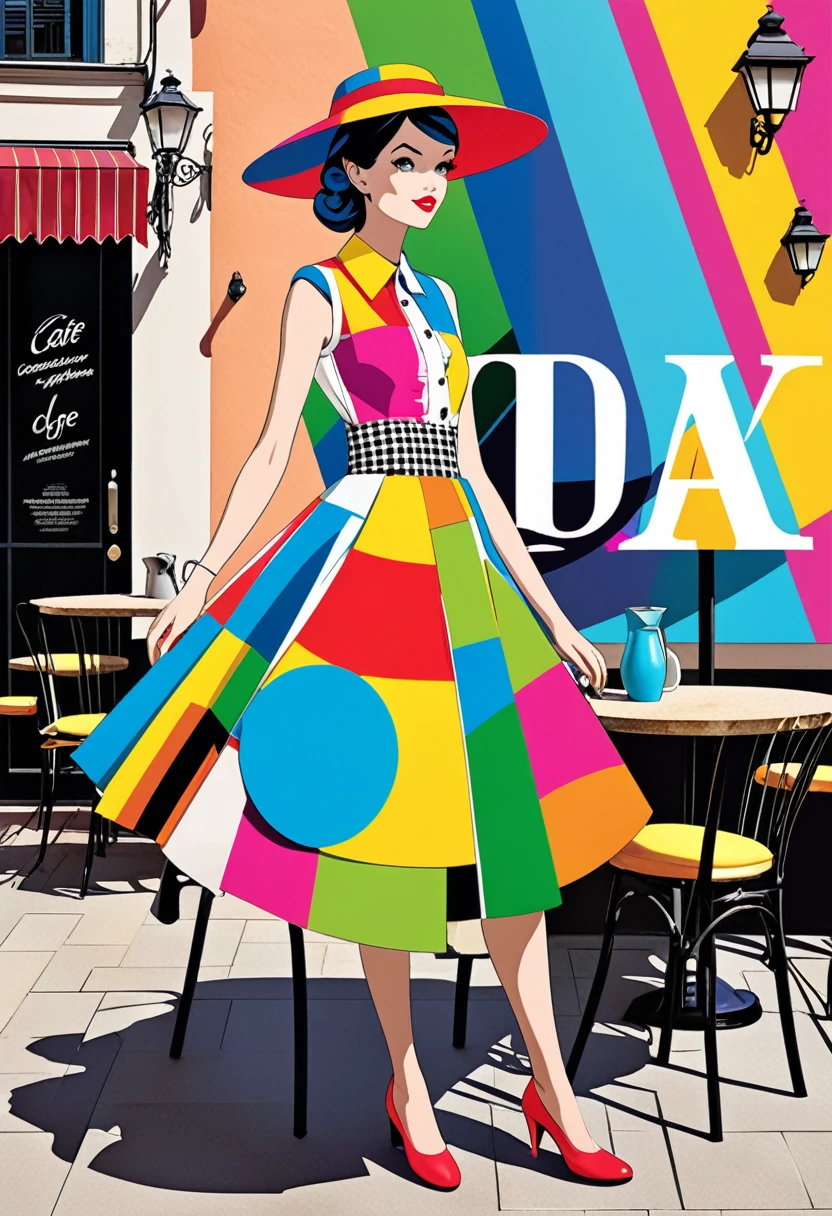 digital CG graphic art, conceptual installation cute pop art, 2.5D, delicate and dynamic, style that combines Disney, Grimm, Aesop and Andersen, fashion model, photographed in front of a cafe terrace, magazine cover-like, shading, colorful patchwork of contrast magic, conceptual installation pop art, abstract effects