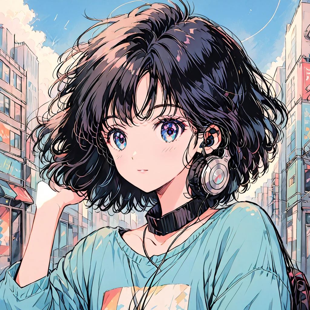 Beautiful 1girl, solo, gentle smile on her face flat chest, short hair, black hair, blue eyes, (detailed eyes),  Woman with short hair,Wearing headphones and listening to music,Getting in the rhythm,City Pop,Urban Pop,Retroなレコードジャケットのイラスト