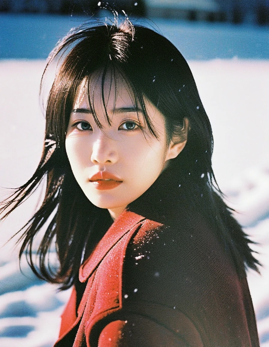 Beautiful face girl, red aura,Kayako Abe,a person walking in the snow,panasonic 35mm,indieground,cover shot,album artwork,soft emotion,inspired by kiyohara tama,depth of filed,funeral,a still of a happy,melancholy scenery,official artwork,character album cover,disposable film,highres,Tyndall effect,moody lighting,reality,photo_(medium),polaroid,ulzzang,