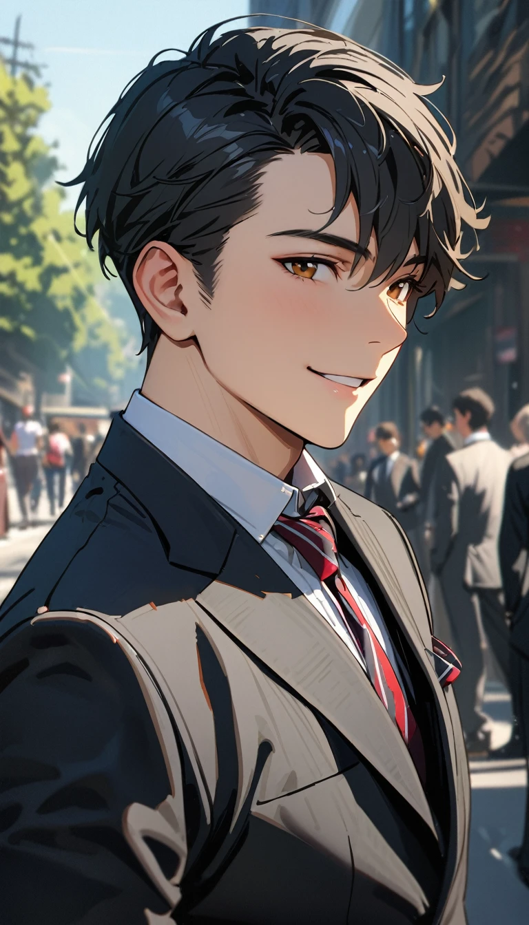 15 years old, modern, Verism, masterpiece, textured skin, super detail, best quality, 4K,A handsome man with short black hair is wearing a charcoal gray suit. He has a kind and sincere smile.