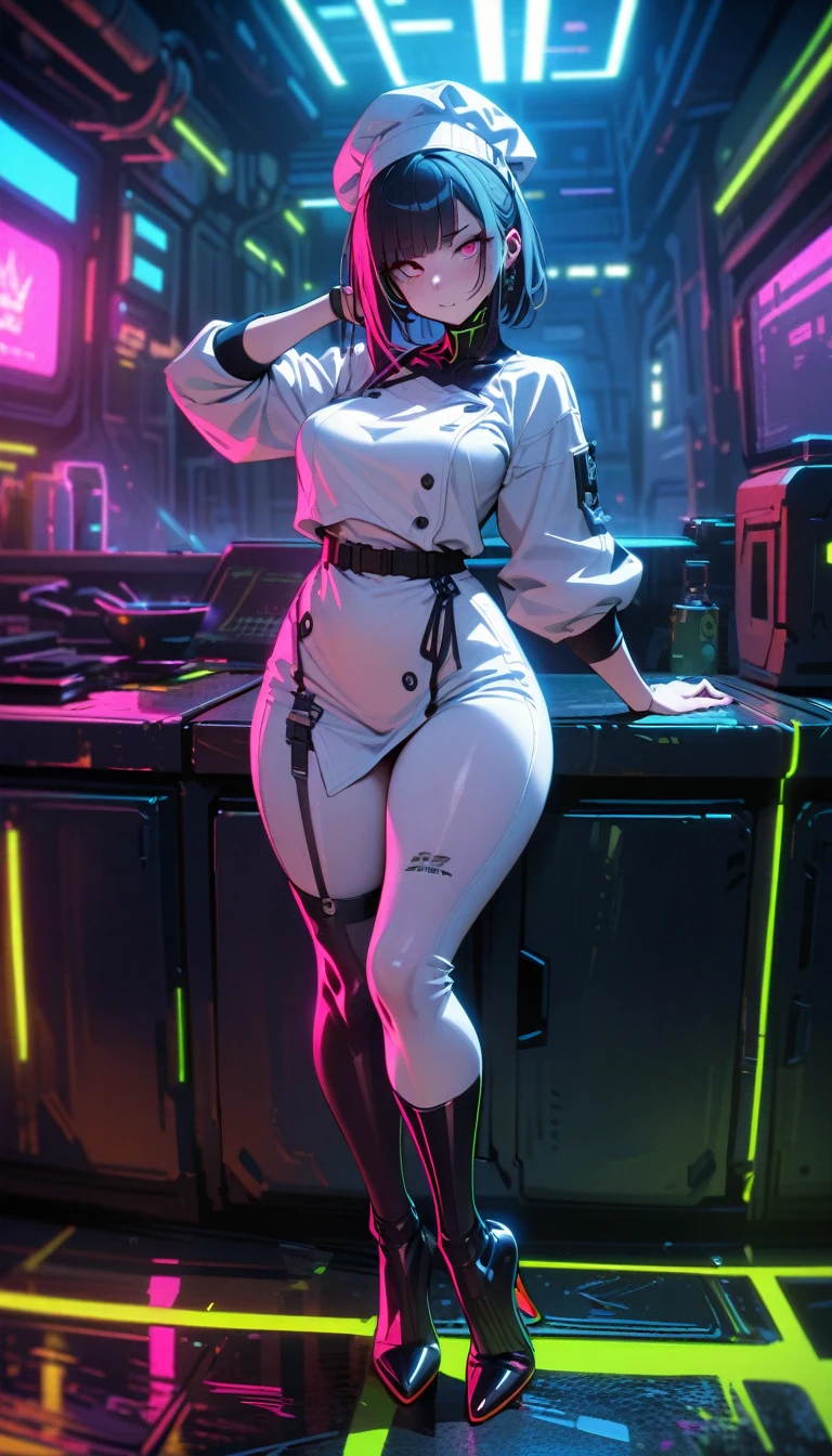((best quality)) , ((masterpiece)) , (detailed)，1 female，Cyberpunk的厨房，Female chef，High heel，((whole body，Cyberpunk))