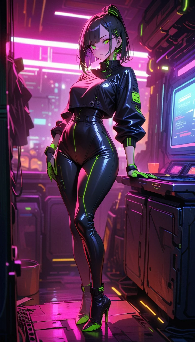 Sexy Woman wearing a Neon glow body suit with detail lines in a dark room.