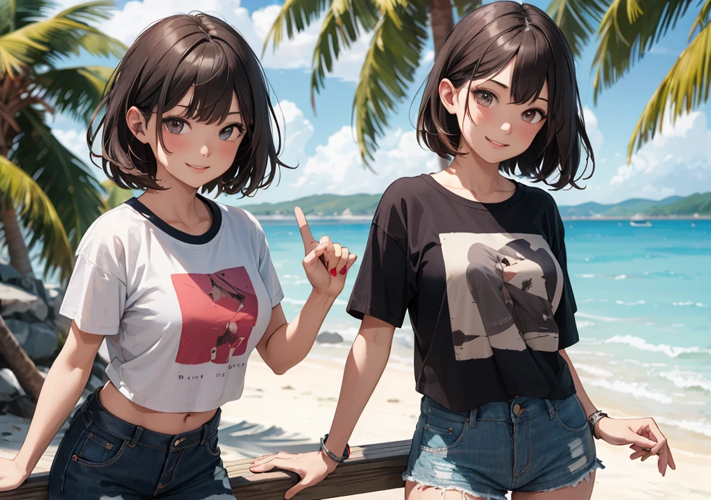 ((Highest quality)), ((masterpiece)), (detailed), One girl, Beach,smile,summer,Perfect Fingers,Hot pants on a t-shirt