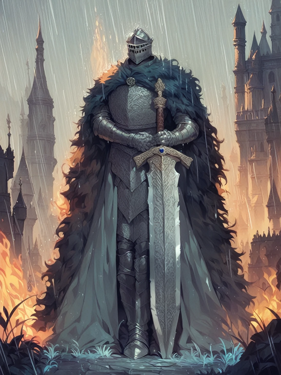 Score_9, score_8_up, score_7_up, background 1boy, solo, knight, huge height, arms on sword, castle, thunder-storm, rain, elden ring art-style, calm, fire