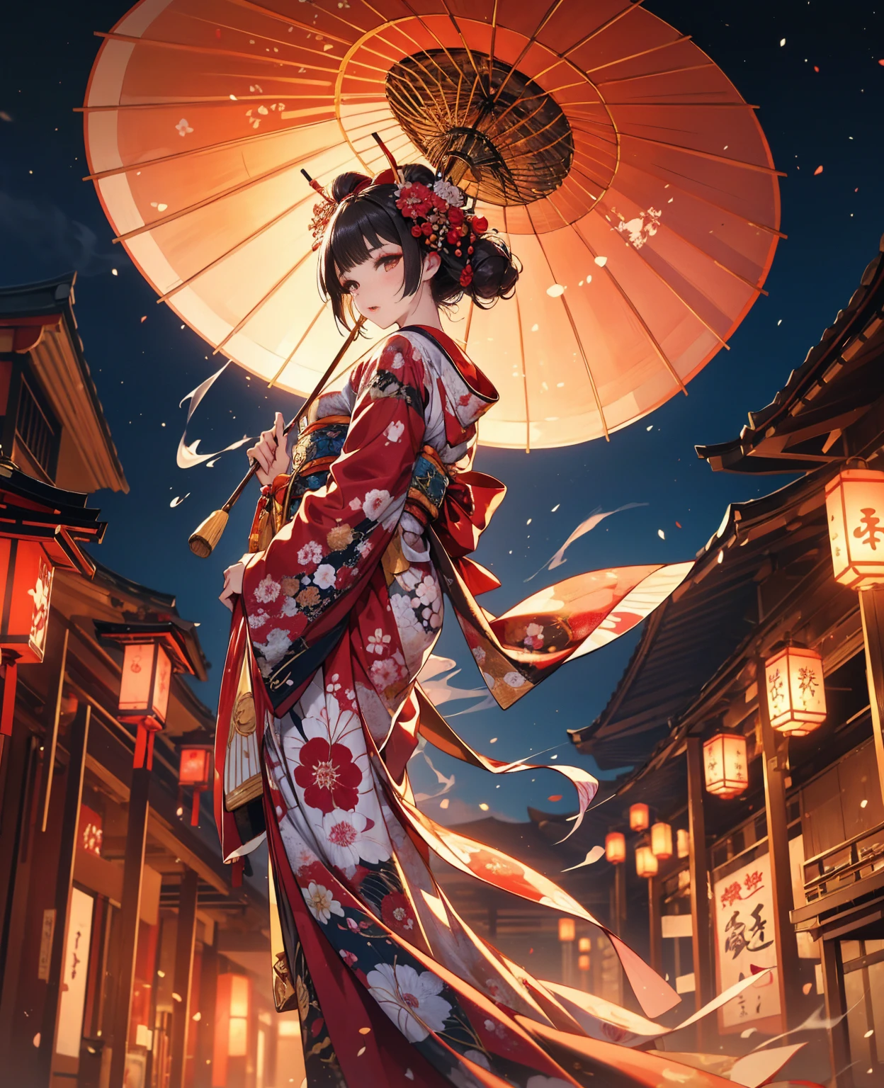 god々しく華やかに飾られたOiran,from behind,whole body,Oiran,kimono,luxurious makeup,(Gorgeous costumes:1.2),(Oiranの髪飾り,Big Barrel),Large umbrella,(Smoke pipe),Osaka Castle seen in the distance,Oiran道中,Night scenery with lanterns lined up,Dynamic movement and powerful brushstrokes、Drawing strokes drawn with rot ring 0,