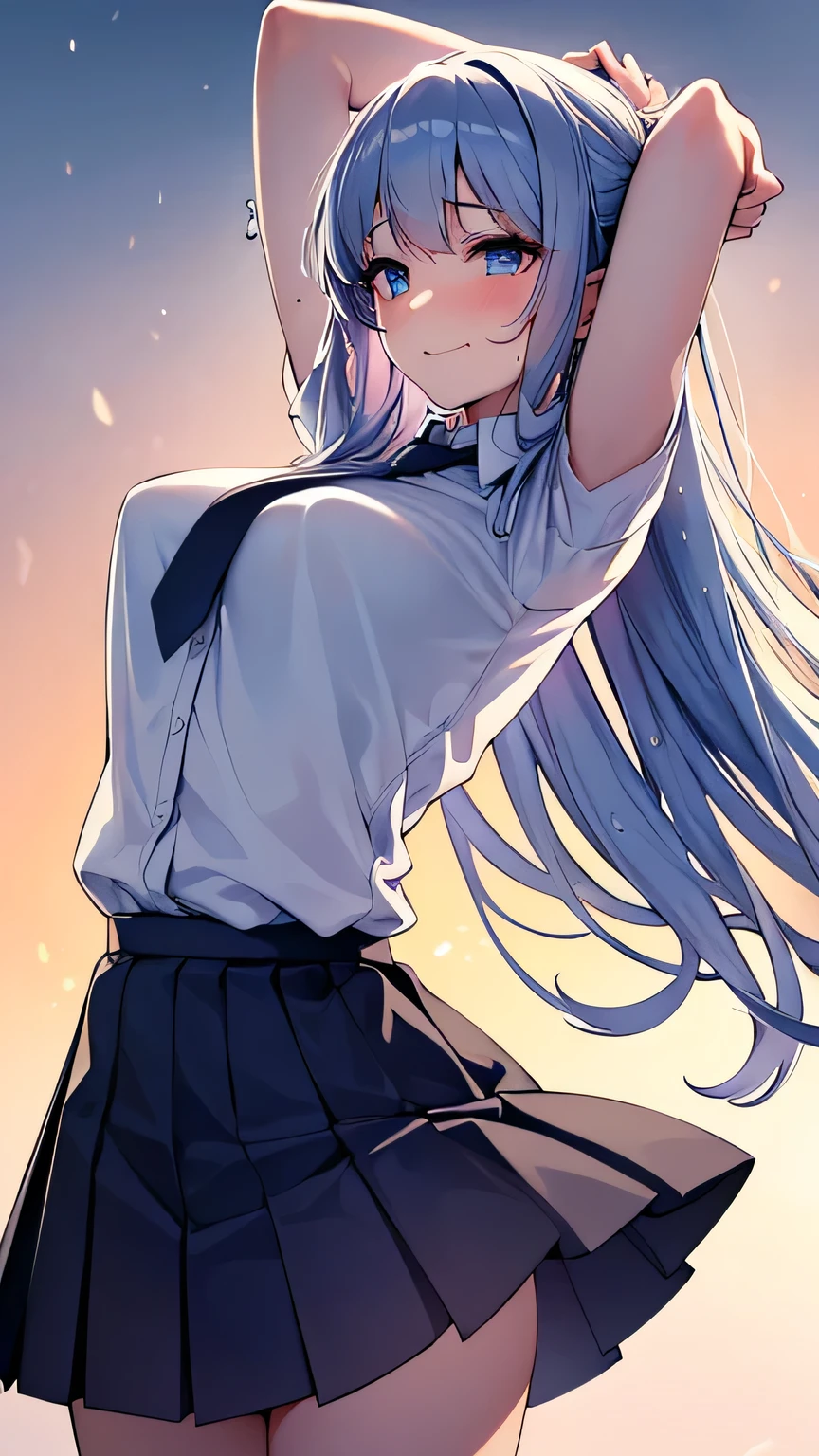 Highest quality, Soft Light, Ultra-high resolution,People Girls, alone, sexy, (A shy smile),Tears in my eyes, (Open your mouth:1.2),(Blue eyes), Beautiful face in every detail,(High resolution detail of human skin texture), (White long hair), break,(Sweat:1.1),Sigh,Saliva dripping from the mouth,Dress shirt,tie,Pleated skirt,shot from the neck up,(Stretch your arms out to the sides:1.2),Look into the viewer