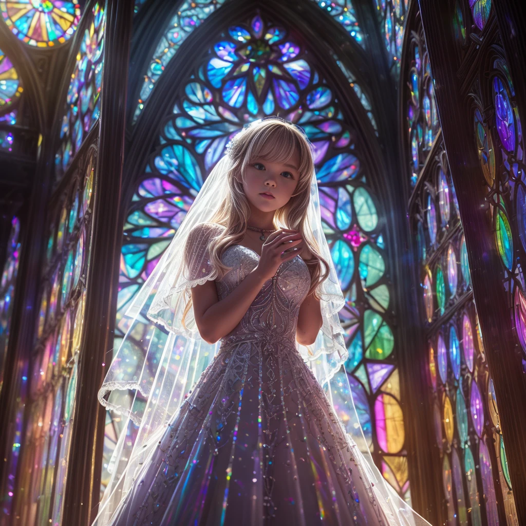  (Cathedral from below:1.28) (ZoomLayer) TopQuality 8K masterpiece of ((Professional photo)), (((Clarisse de Cagliostro))) (Detailed White WeddingDresses), Chain, (((Extremely detailed KAWAII face))) {((VeiledFace))|BlondeHair|(Elaborate BuleEyes)with(SparklingHighlights:1.28)}, The background is distant (((Elaborate stained glass))) Rainbow Glass, {(MysticSight)|EnchantingAtmosphere|Haze|(GodRays)|TyndallEffect}, Radiant PearlSkin with Transparency, (Exposed:0.39)