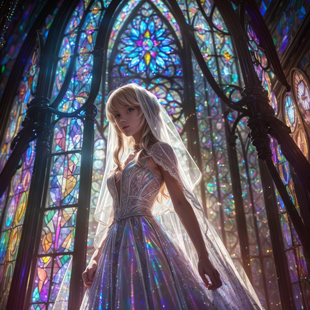(Cathedral from below:1.28) (ZoomLayer) TopQuality 8K masterpiece of ((Professional photo)), (((Clarisse de Cagliostro))) (Detailed White WeddingDresses), Chain, (((Extremely detailed KAWAII face))) {((VeiledFace))|BlondeHair|(Elaborate BuleEyes)with(SparklingHighlights:1.28)}, The background is distant (((Elaborate stained glass))) Rainbow Glass, {(MysticSight)|EnchantingAtmosphere|Haze|(GodRays)|TyndallEffect}, Radiant PearlSkin with Transparency, (Exposed:0.39)
