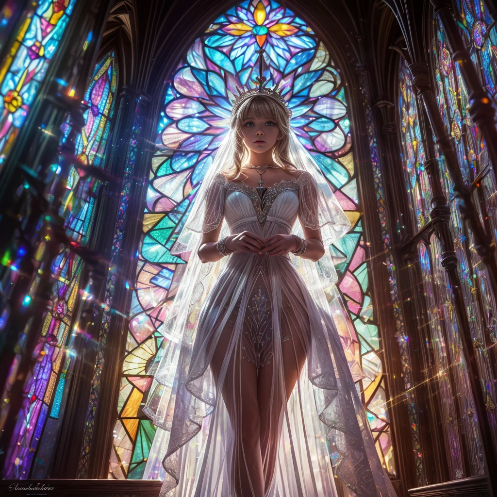 (Cathedral from below:1.28) (ZoomLayer) TopQuality 8K masterpiece of ((Professional photo)), (((Clarisse de Cagliostro))) (Detailed White WeddingDresses), Chain, (((Extremely detailed KAWAII face))) {((VeiledFace))|BlondeHair|(Elaborate BuleEyes)with(SparklingHighlights:1.28)}, The background is distant (((Elaborate stained glass))) Rainbow Glass, {(MysticSight)|EnchantingAtmosphere|Haze|(GodRays)|TyndallEffect}, Radiant PearlSkin with Transparency, (Exposed:0.39)