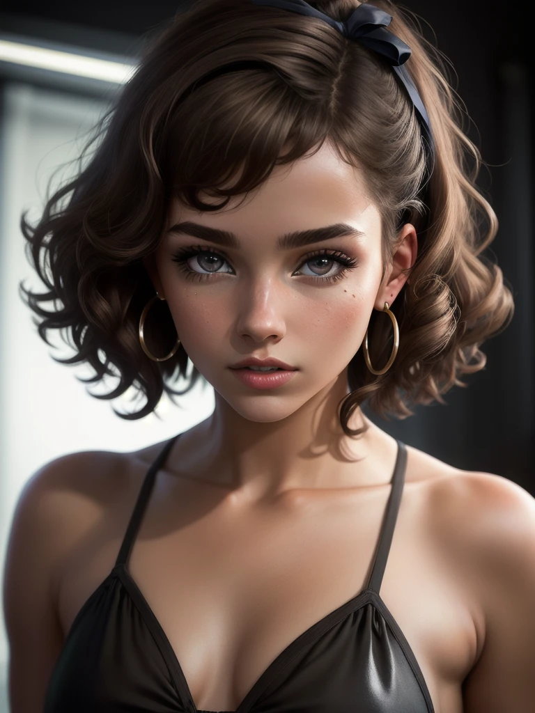 illustration, style of Philip Lorca diCorcia, cinematic film still portrait of young girl aged 18 yrs old, 1girl, solo, Instagram model, athletic figure, modest bust size, pretty face, wearing a black bikini, light brown hair, short curly hair, crossed bangs, constricted pupils, hair ribbon, hoop earrings, cinematic lighting, Ultra-Wide Angle, Canon, Hyperrealism, UHD, masterpiece, textured skin, high details, best quality, detailed eyes, detailed iris, close up view