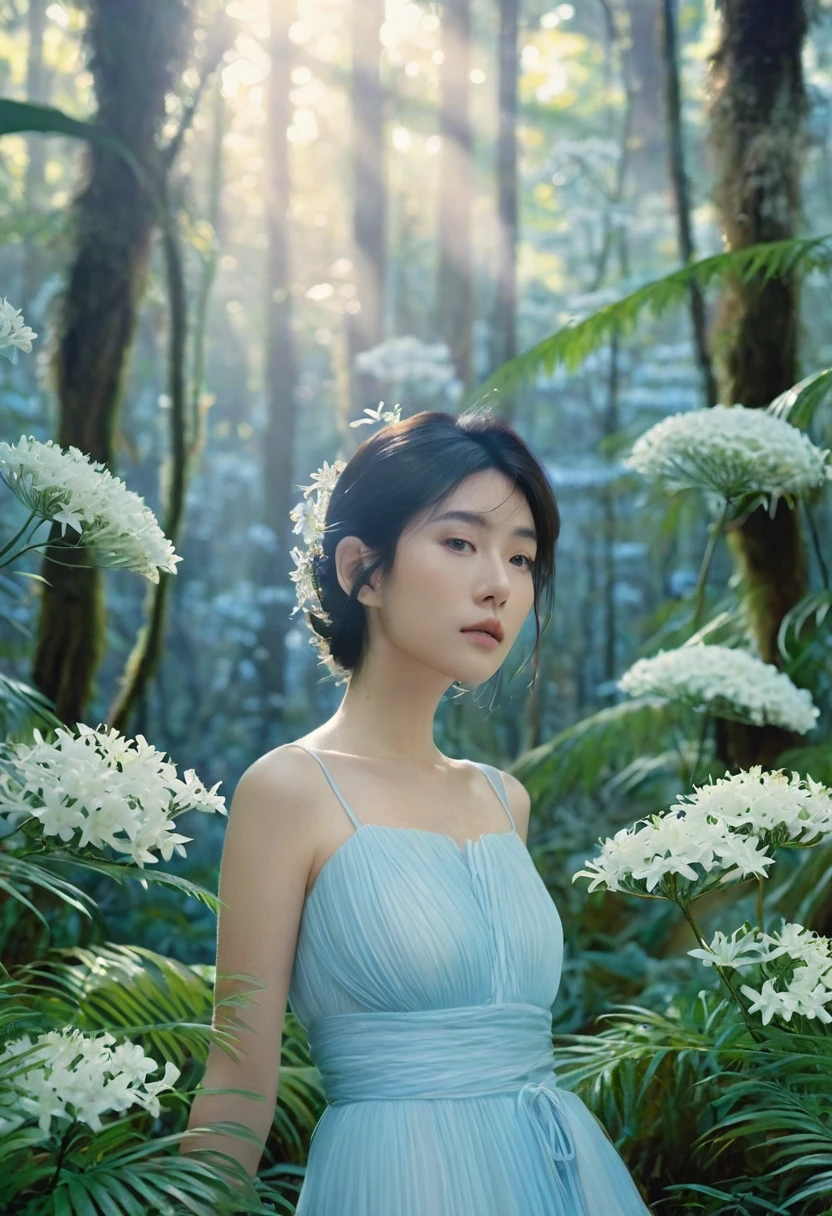 A woman,photography by Rinko Kawauchi,model Komatsu in lightblue Fantasy Rainforest,with white flowers,backlight,golden hour,Video screen capture