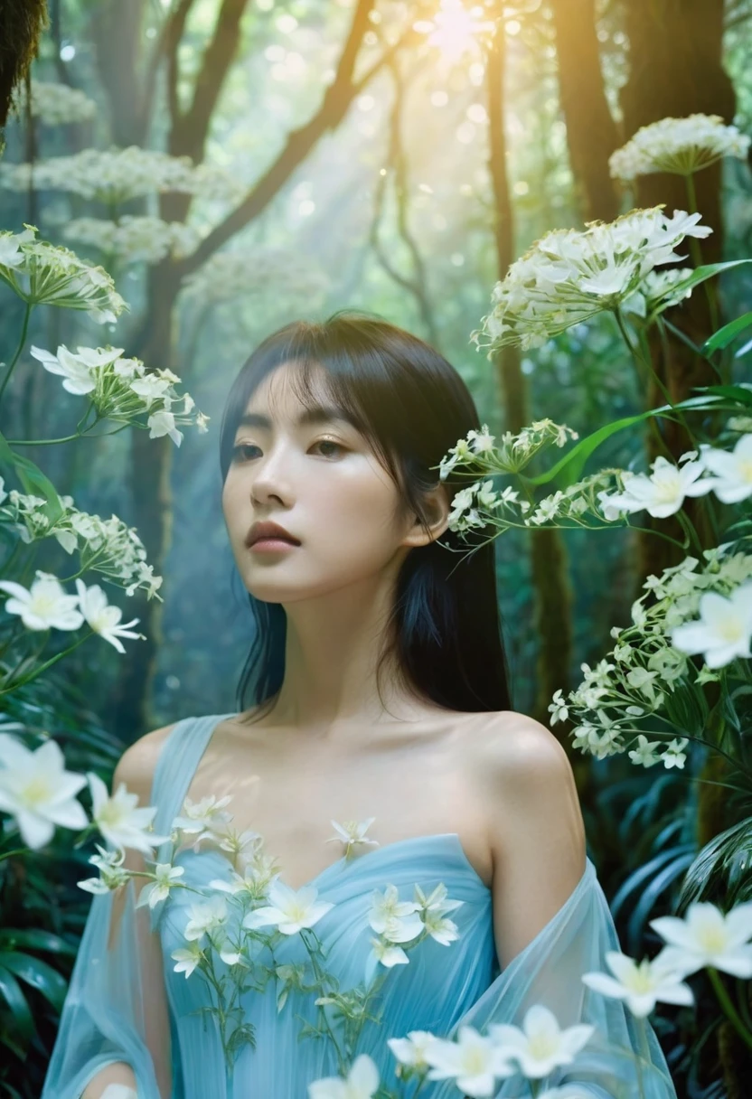 A woman,photography by Rinko Kawauchi,model  Komatsu in lightblue Fantasy Rainforest,with white flowers,backlight,golden hour,Video screen capture