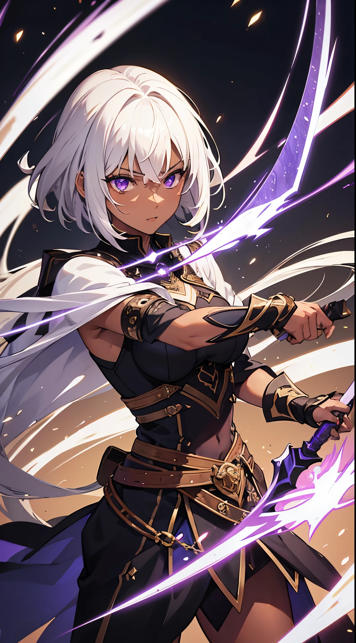 brown skin, white hair, purple eyes, warrior, cinematic, high quality, dual swords, 1 girl, 22 years old, masterpiece, glowing energy, 2 daggers in each hand, 4k, dark clothes, tan skin tone, short hair.