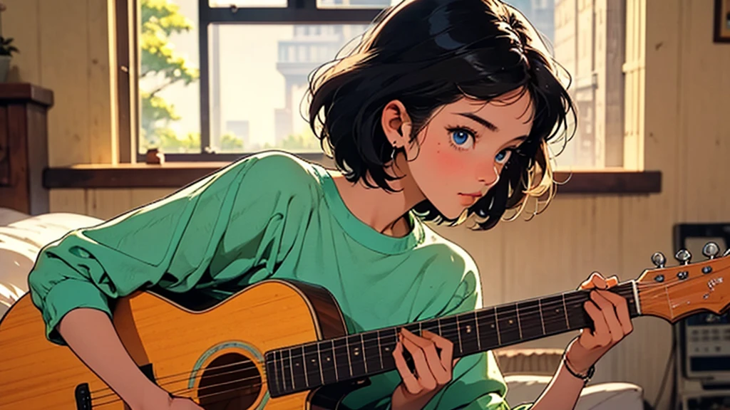 Style: 80s anime style, ultra-high resolution, super detailed, perfect lighting. Main Character: A girl with short hair, blue eyes, and a small, rounded nose. She is facing forward with her face and torso aligned forward. Accessory: The girl is holding and playing a guitar. Setting: The scene is set in a bedroom with a window. Sunlight is coming through the window, illuminating the scene. Action: The girl is looking at the guitar while her hands are playing it. Additional Details: The background shows landscapes visible through the window.