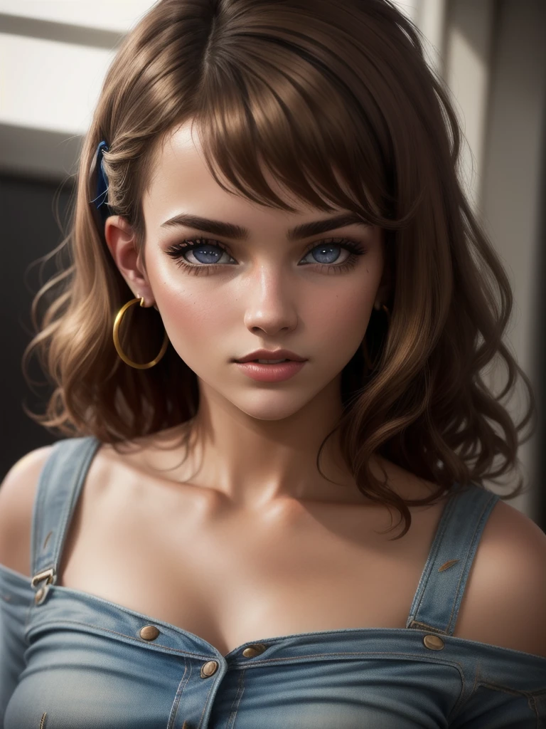 illustration, style of Philip Lorca diCorcia, cinematic film still portrait of young girl aged 18 yrs old, 1girl, solo, Instagram model, athletic figure, modest bust size, pretty face, wearing an off the shoulder brown sweater, wearing jean shorts, light brown hair, short curly hair, crossed bangs, constricted pupils, hair ribbon, hoop earrings, cinematic lighting, Ultra-Wide Angle, Canon, Hyperrealism, UHD, masterpiece, textured skin, high details, best quality, detailed eyes, detailed iris, close up view