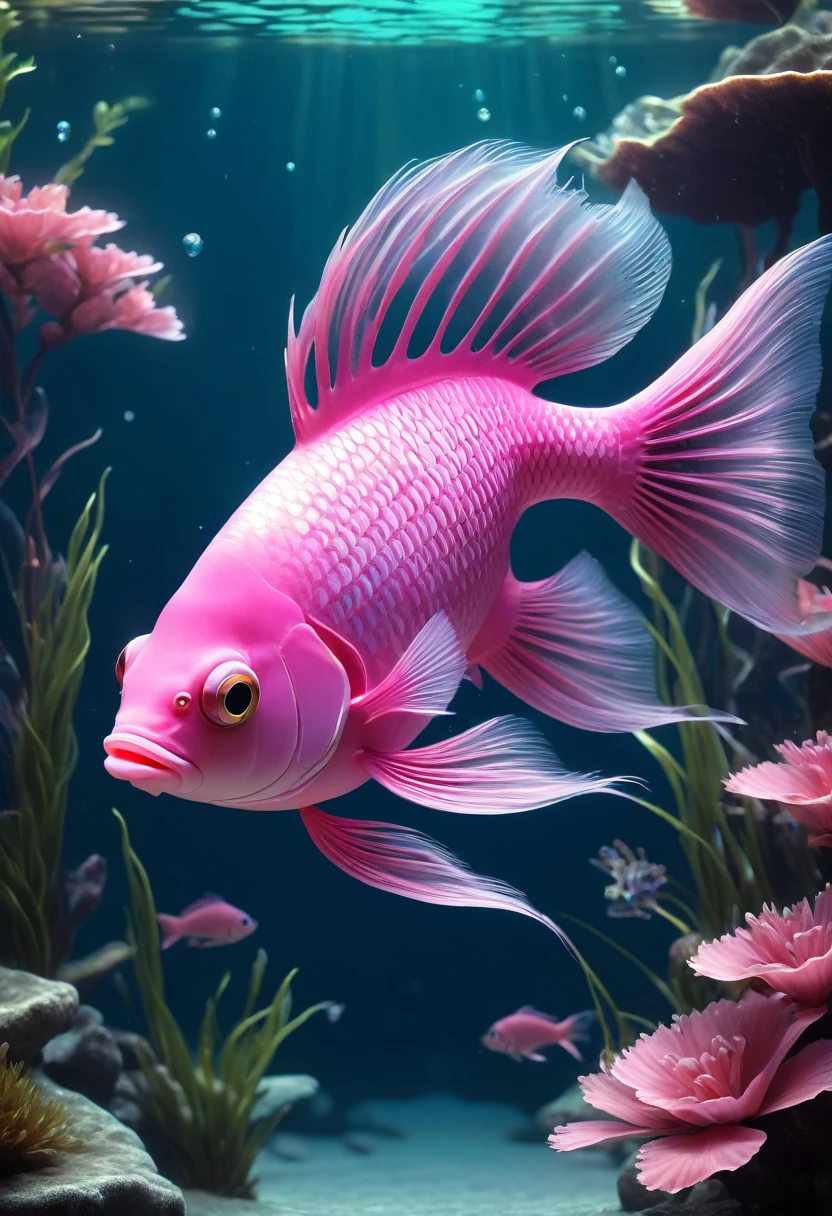pink beautiful fish with pink aquatic plants, art deco, sparkle, uhd