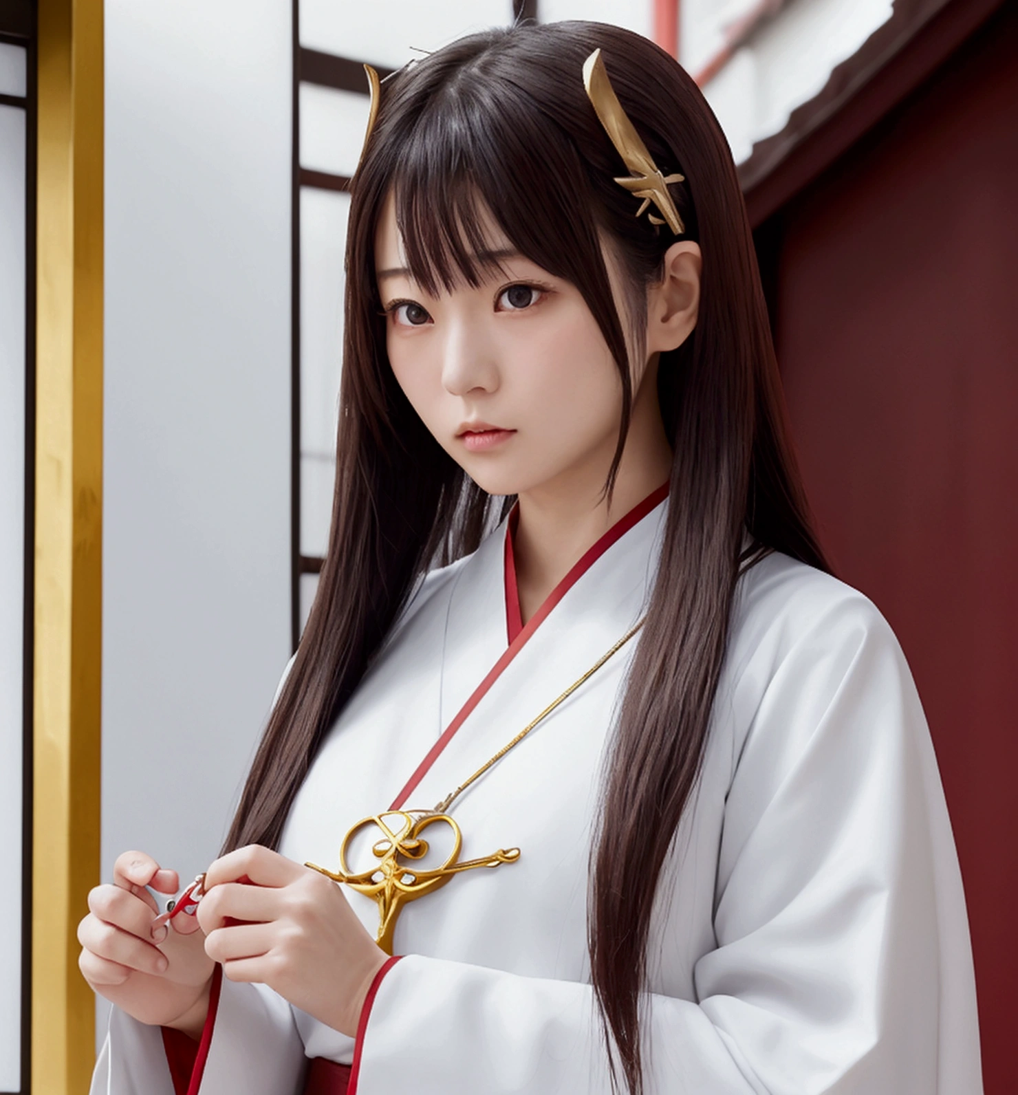 Japanese female priest、The costume is mainly white with red lines running down the shoulders.、Sideways、Holding a pair of silver sewing scissors、Gold hair ornament on the back of the head、Dark brown hair、Straight Long Hair、In the temple grounds、Upper body close-up