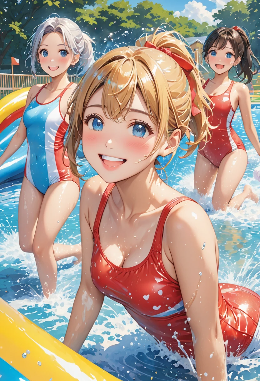Highest quality、High resolution、Detailed Background、Beautiful face in every detail、Detailed facial expressions、Detailed eyes、 beauty、Highly detailed face、Light color hair、Bobcut、ponytail、Perfect body line、Water play spot、Water play slide、Water play event、
(Three girls playfully splashing water on each other:1.5)、
School Swimsuit、白いセーラーSchool Swimsuit、My whole body gets wet、Smiling、A big smile、A fun atmosphere、cute