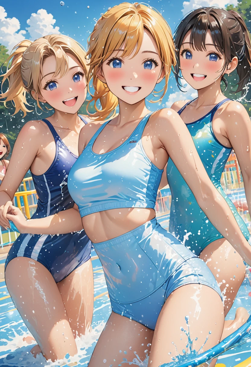 highest quality、High resolution、8k、(huge breasts:1.2)、Beautiful  girl、((three girls:1.5)、(three women)、braided ponytail、flashy hair color、
((Cute thin white school swimsuit))、My whole body gets wet、(Wet and see-through swimsuit:1.5)、(Nipples stand out in swimsuits:1.5)、water play spot、water play slide、water play event、
Laugh playfully、smile、smile、sexual expression、emphasize cleavage