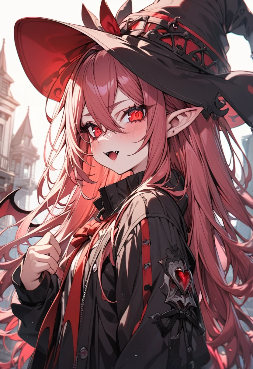 anime girl, long straight hair, cherry colored hair, Red eyes, Elf's ears, vampire fangs, witch hat, detailed eyes, ultra detailed, high quality, teenager,
