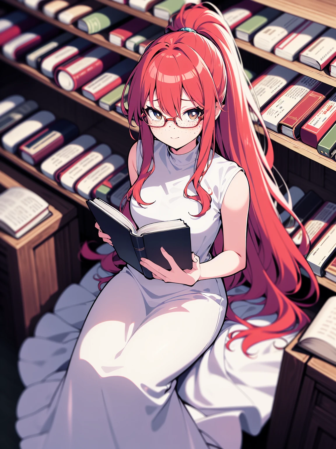 from above, colorful, (best quality, ultra-high resolution, depth of field:1.2), 1woman, long red hair, ponytail, hazel eyes, freckles, slender build, white dress, glasses, (library background), focused and serene, sitting, reading a book