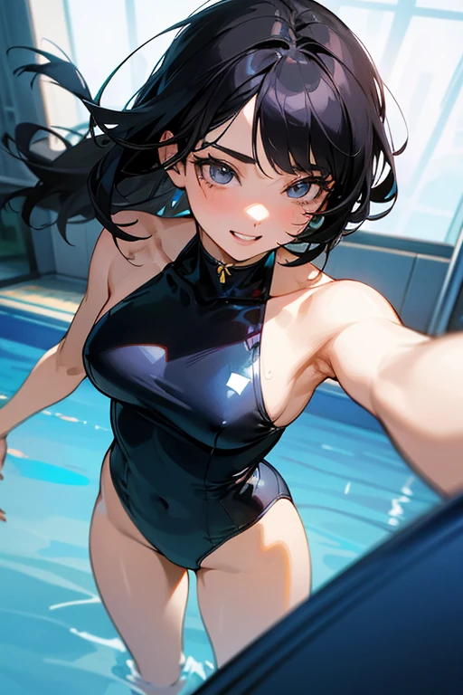 (Highest Resolution, clear_image) Highest quality, single, One woman, alone, masterpiece, Very detailed, Semi-realistic, Black Hairのショートヘア, Black Hair, bangs, 18-year-old, mature, Light blue , Indoor Background, kind, Authoritative, Powerful, exquisite features, exquisite features、Eyelashes become longer、Showing teeth、smile😀、(Swimwear)、woman'Fingers in the、(bikini)、