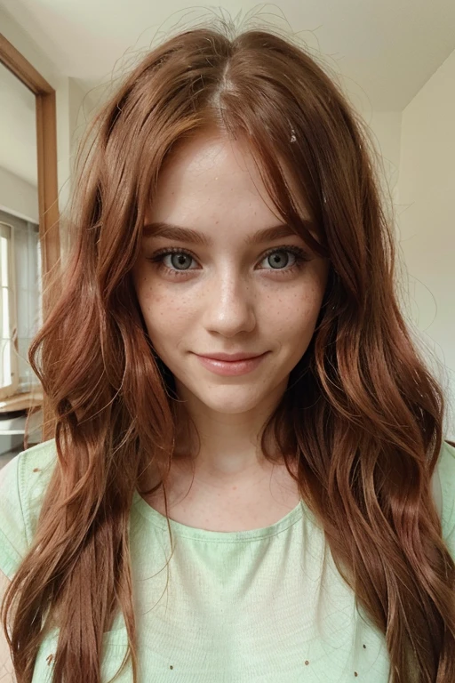 Woman 30 years old, Alone, Very Long Hair, wavy hair, light red hair, smile, Blushed, Light green eyes, 1m65 60kg, freckles