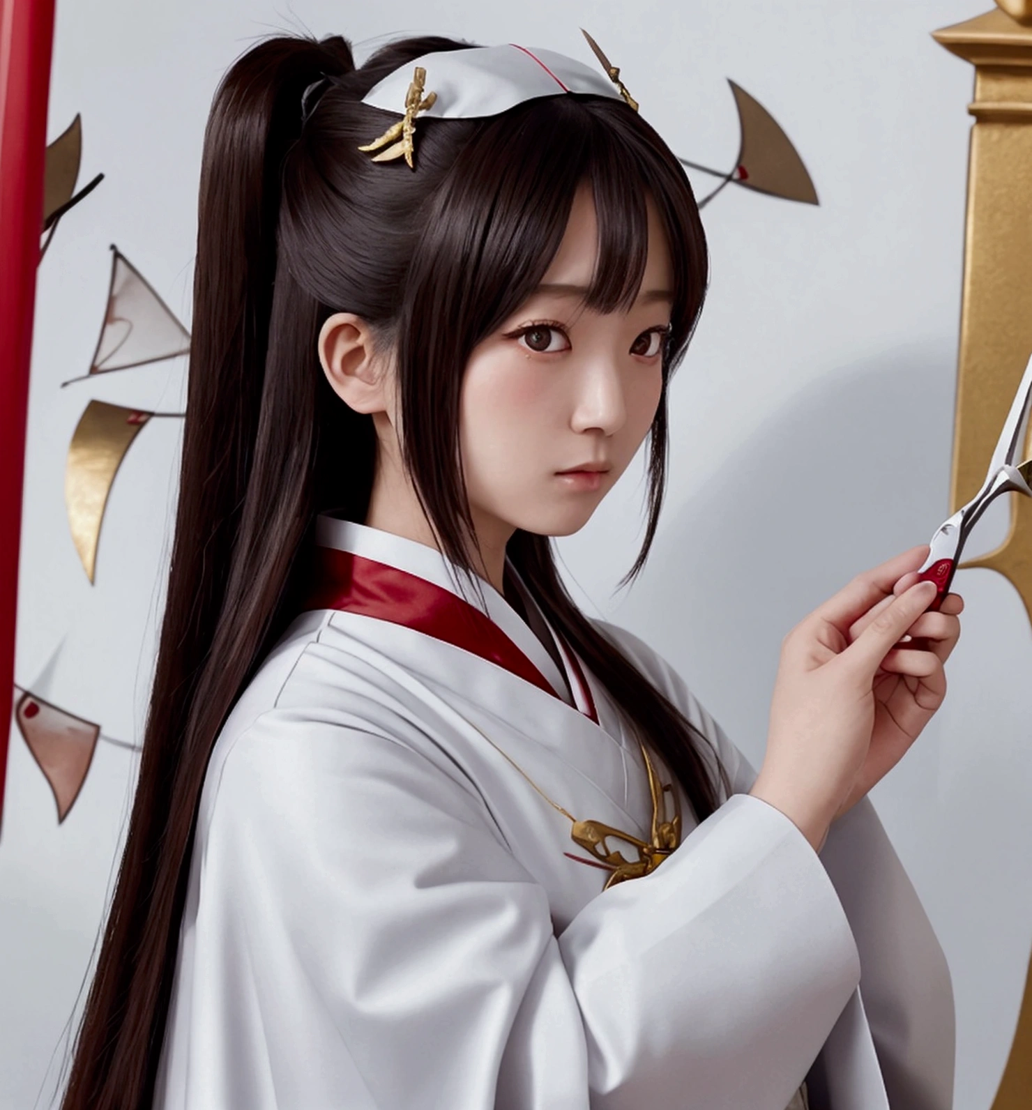 Japanese female priest、The costume is mainly white with red lines running down the shoulders.、Sideways、Holding a pair of silver sewing scissors、Gold hair ornament on the back of the head、Dark brown hair、Straight Long Hair、In the temple grounds、Upper body close-up
